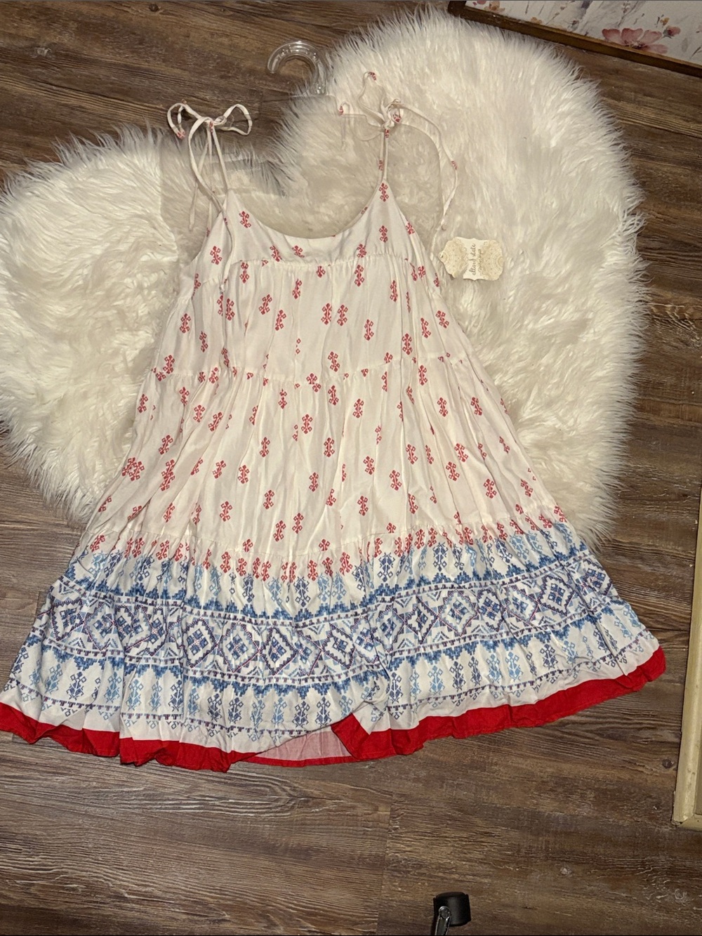 Altar'd State Cream Sundress with Red and Blue Trim